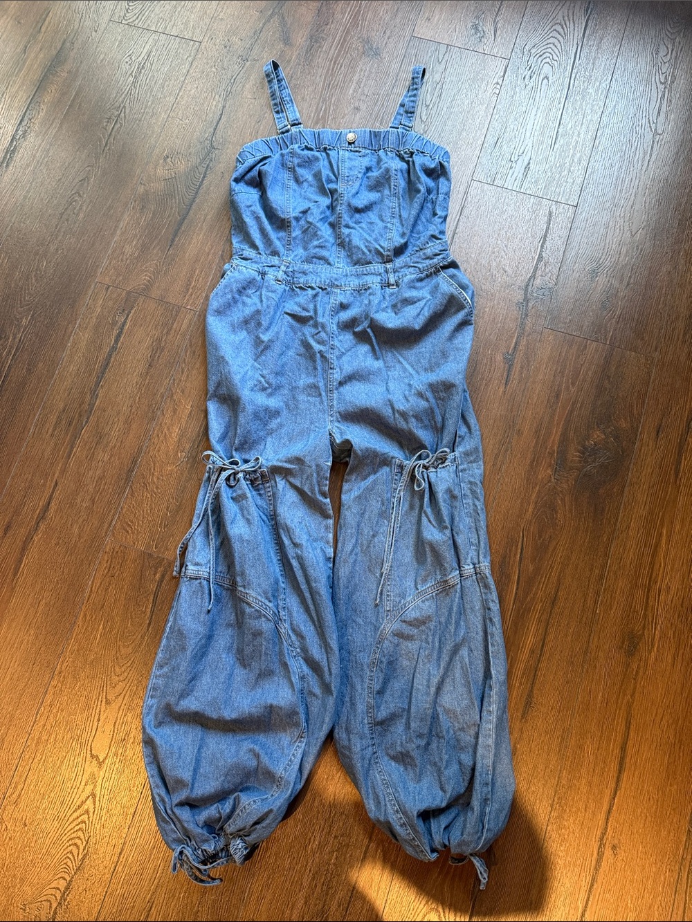 Ashley Stewart Blue Denim Strap Jumpsuit Overalls with Gathered Ankles